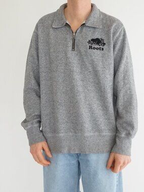 Roots Gray Salt Pepper Beaver Logo Quarter Zip Collar Knit Sweater Cotton L